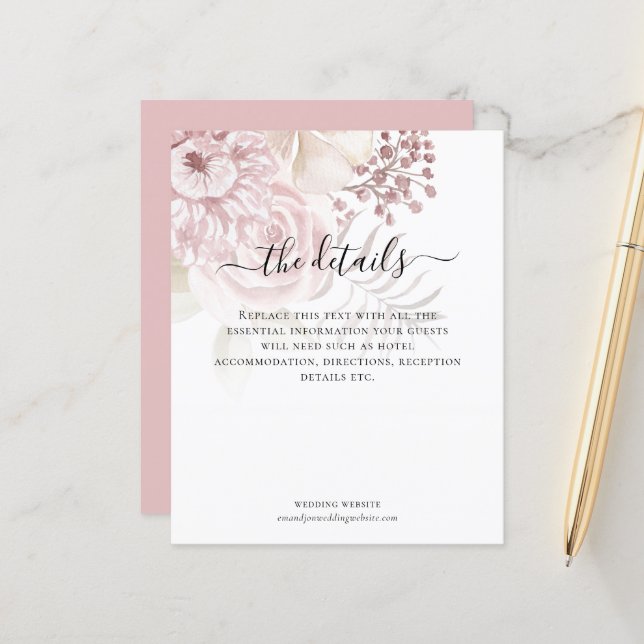 Detalhes do Casamento do Script Florals Cor-de-Ros (Frente/Verso In Situ)