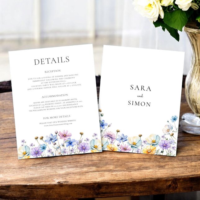 detalhes do casamento elegantes de flores silvestr (wildflower floral modern wedding details card  fully editable to suite your needs )