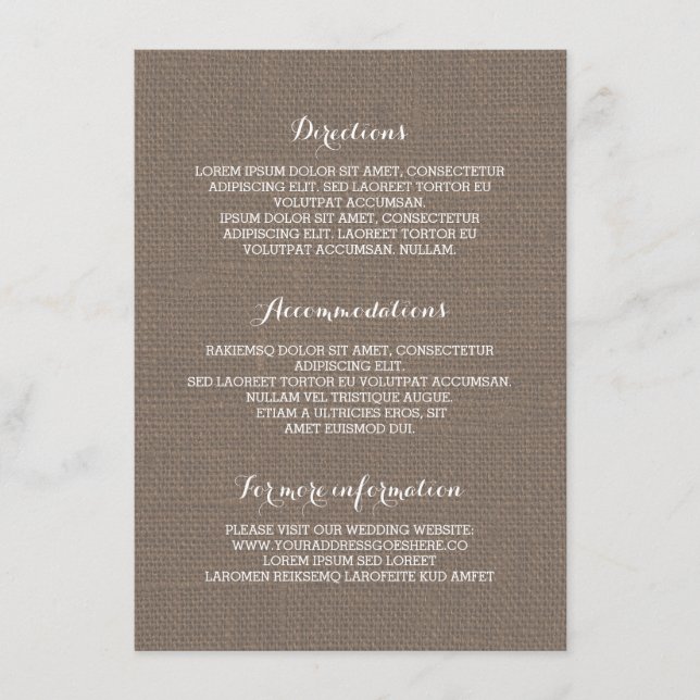Detalhes do Casamento Rustic Burlap - Informação (Frente)