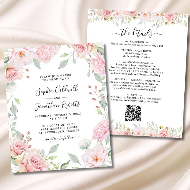 Detalhes do Código QR de Orçamento Convite de casa (Budget All in One Elegant Pink Roses and Sage Greenery Wedding Invitation)