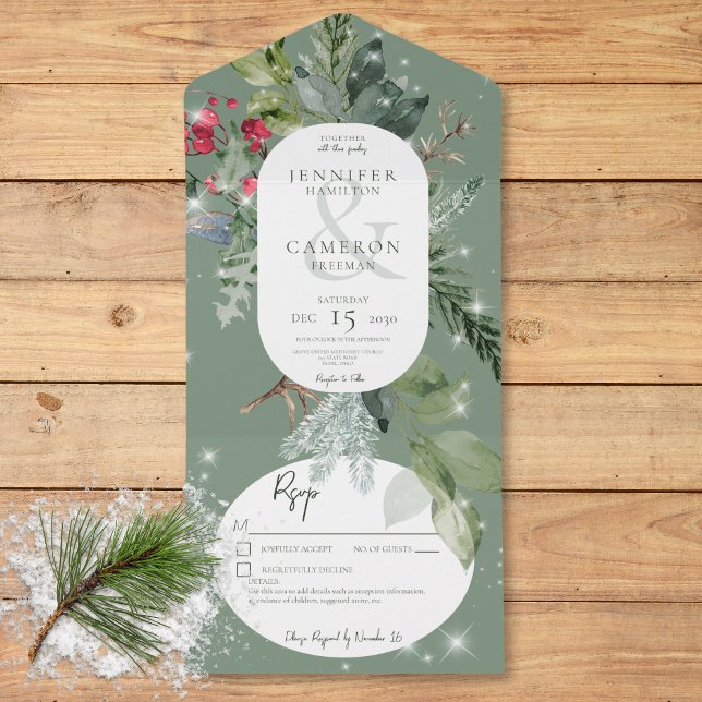 Detalhes do Rústico Pinheiro Verde e Holly Winter  (Rustic Green Pine & Holly Winter Sparkle Details All In One Invitation)