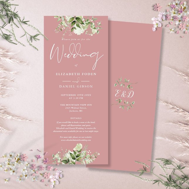 Detalhes Florais Verde Convite de Casamento Rosa P (Greenery Floral Details Dusty Rose Wedding Invitation)