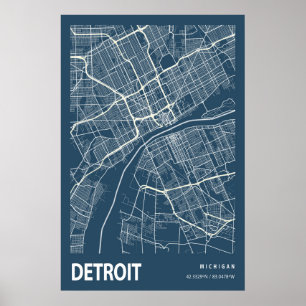 Detroit Michigan City Map Line Art Impressão Azul