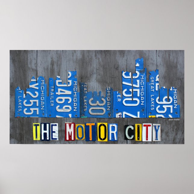 Detroit Motor City Licate Plate Skyline Poster (Frente)