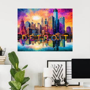 Detroit Skyline Colorous Abstrato Art Poster