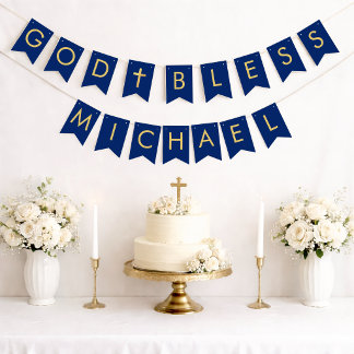 Deus Abençoe Bandeira de Bunting Azul e Dourado 7