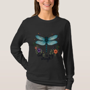Deus é minha força Floral Libélula Camiseta Cristã