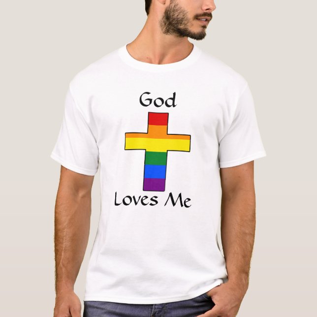 Deus Me Ama LGBTQ Rainbow Cross T-Shirt (Frente)