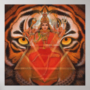 Deusa Hindu Durga e poster da arte do tigre