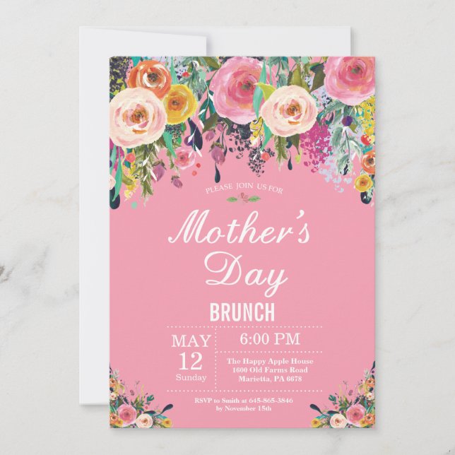 Dia de as mães de Peões Rosa Floral Convite Brunch (Frente)