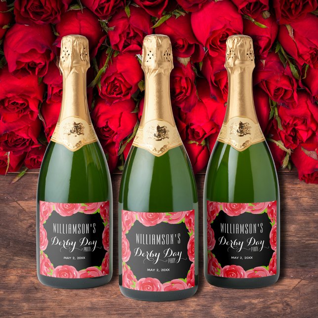 Dia de Derby de Cores de Água do Rosa vermelha (Red Roses Watercolor Derby Day Sparkling Wine Bottle Labels)