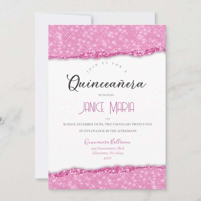 Diamante Rosa Quinceañera Convite (Frente)