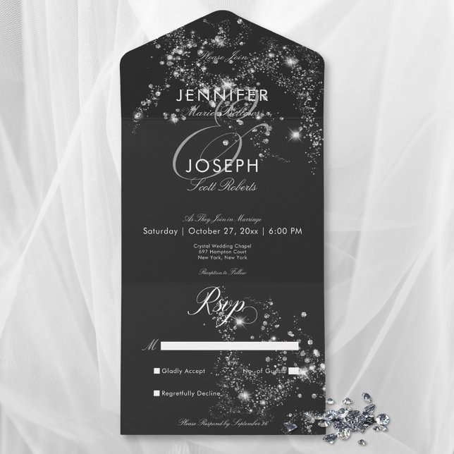 Diamantes Pretos e Brancos Modernos Sem Janto (Modern Black & White Glam Diamonds No Dinner All In One Invitation)