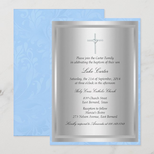 Diamond Cross Blue Baptism/Christening Convite (Frente/Verso)