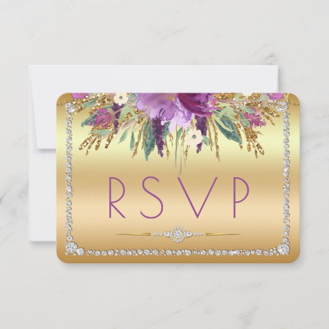 Diamond Glitter Watercolor Flowers RSVP Dourado (Frente)