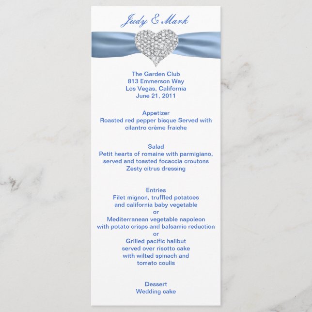 Diamond Heart Blue Wedding Menu Card (Frente)