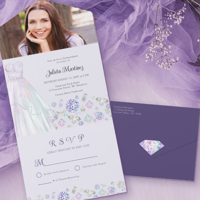 Diamond Princess Purple Quinceanera com RSVP (Diamond Princess Quinceanera invitation with your custom photo and tear away rsvp)