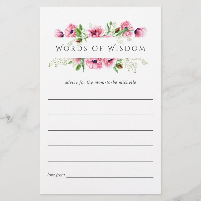 Dicas de Chá de Noiva de Papoulas Rosa em Aquarela (Frente)