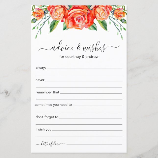 Dicas e Desejos de Casamento Coral Floral (Frente)