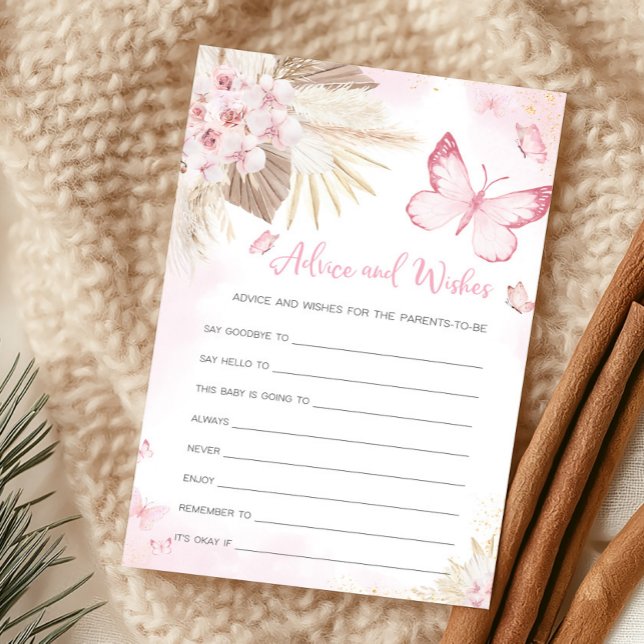Dicas e Desejos para Chá de Bebê do Borboleta Rosa (Girl Butterfly Pampas Grass Baby Shower Advice and Wishes Game)