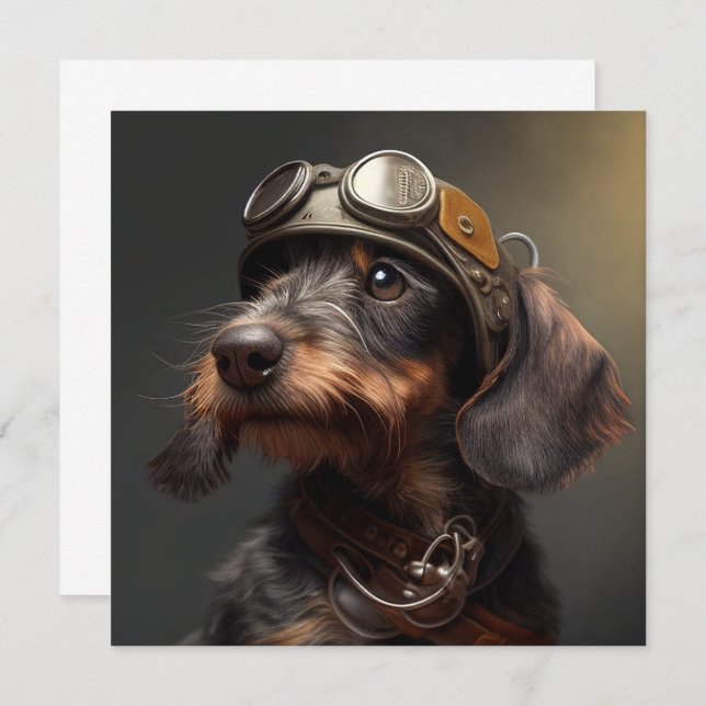 Dieselpunk Wirehaired Dachshund Steampunk Card (Frente/Verso)