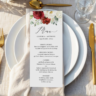 (Digital Avail) Cartão de Menu Floral Branco Verme