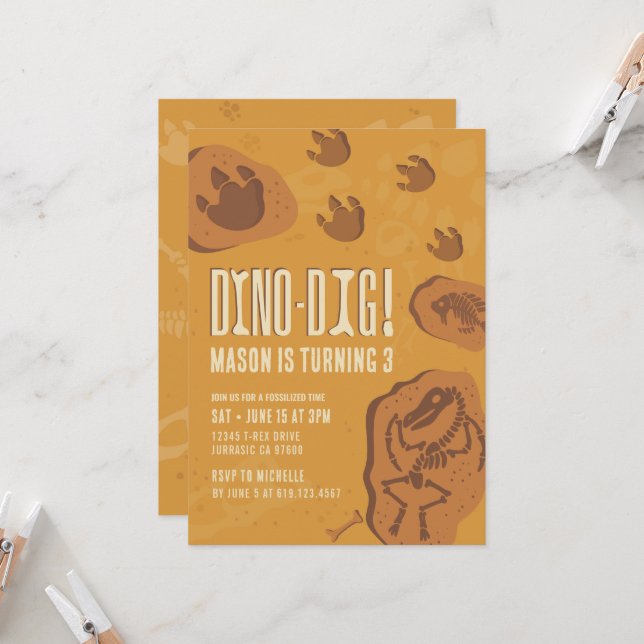 Dino-Dig Convite de aniversário Dig Dinossaur (Frente/Verso In Situ)