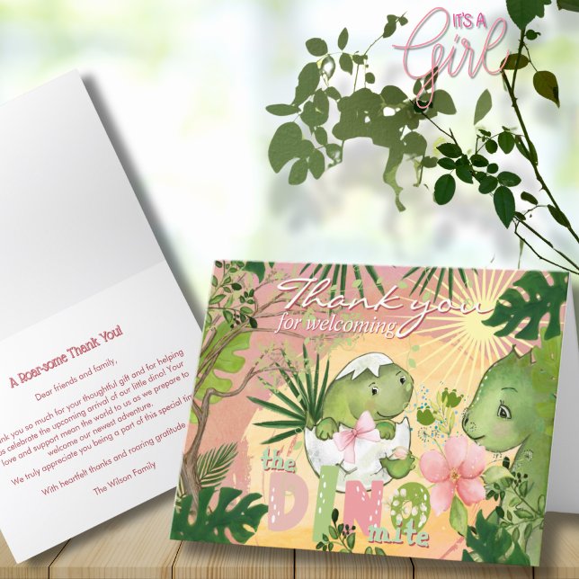 Dino Recém-Nascido com Cartão de Agradecimento de  (Hatching Dino with Pink Bow Thank You Card)