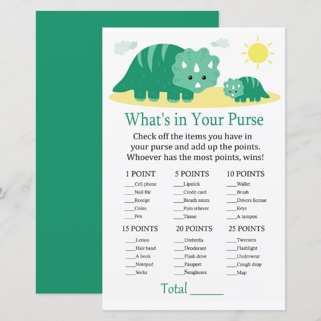 Dino Verde O que há no seu chá de fraldas de jogo (Frente/Verso)