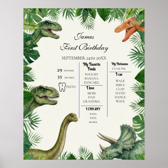 Dinosaur Jungle 1st Birthday Milestone Poster (Frente)