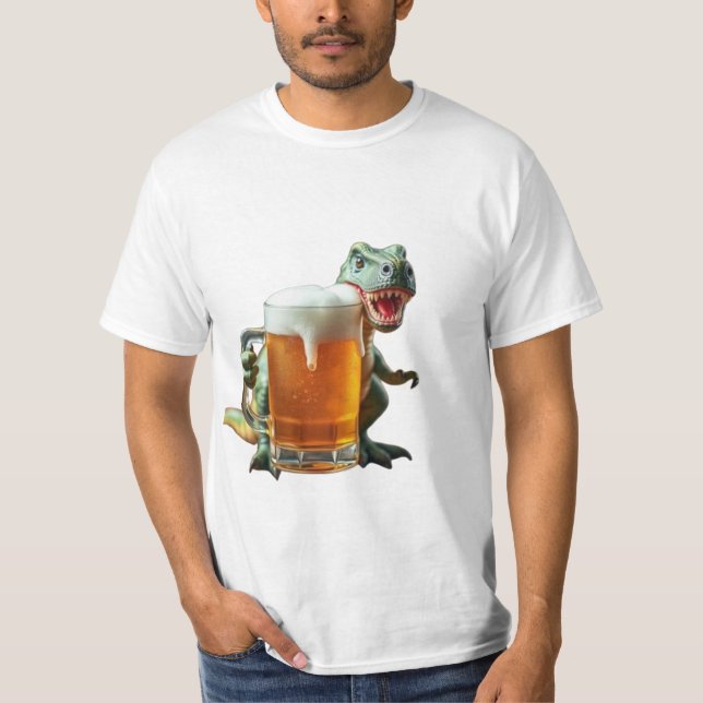 dinosaur men's t-shirt defending his beer (Frente)