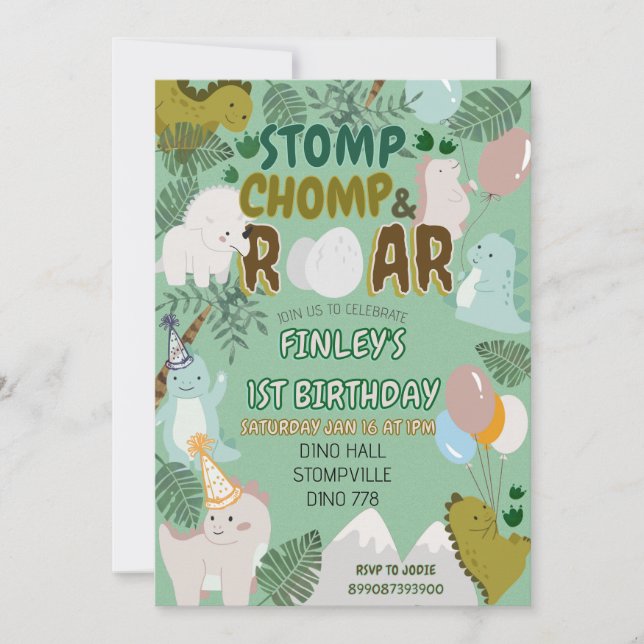 Dinosaur stomp chomp and roar birthday invitation  (Frente)