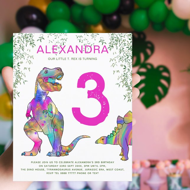 Dinossaur jungle aniversário de 3 anos do Partido  (Dinosaur T-Rex jungle pink girls 3rd birthday party invitation )