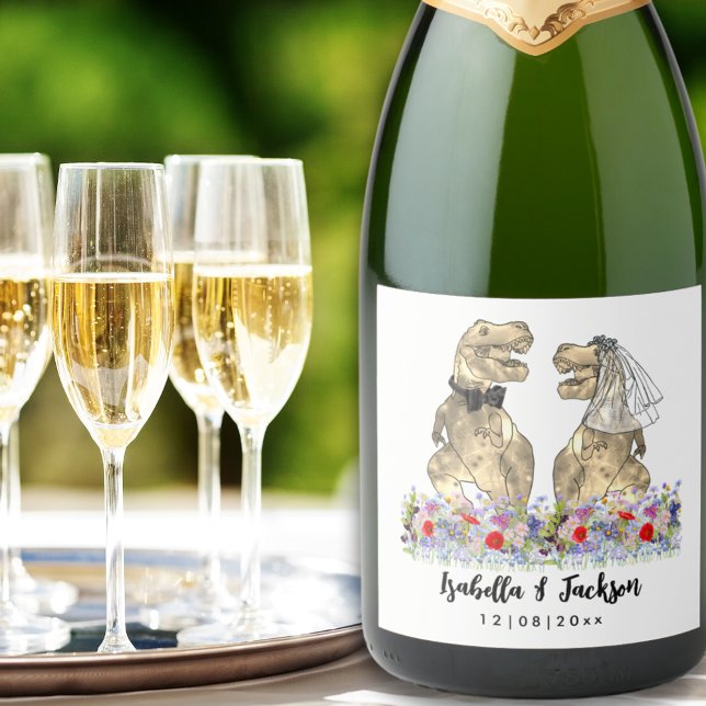 Dinossaur Themed Wedding (Dinosaur bride and groom custom funny dinosaur wedding sparkling wine label)