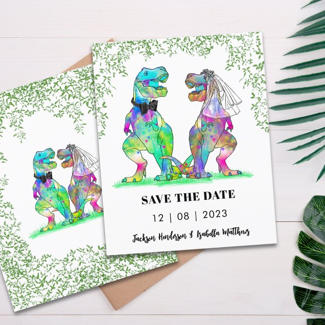 Dinossaur Themed Weding Date Budget (Dinosaur themed wedding save the date budget invitation T-Rex bride & groom Jurassic jungle foliage)