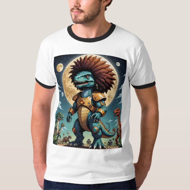 Dinossauro Afro no Espaço Armor Engraçado T-Shirt (Frente)