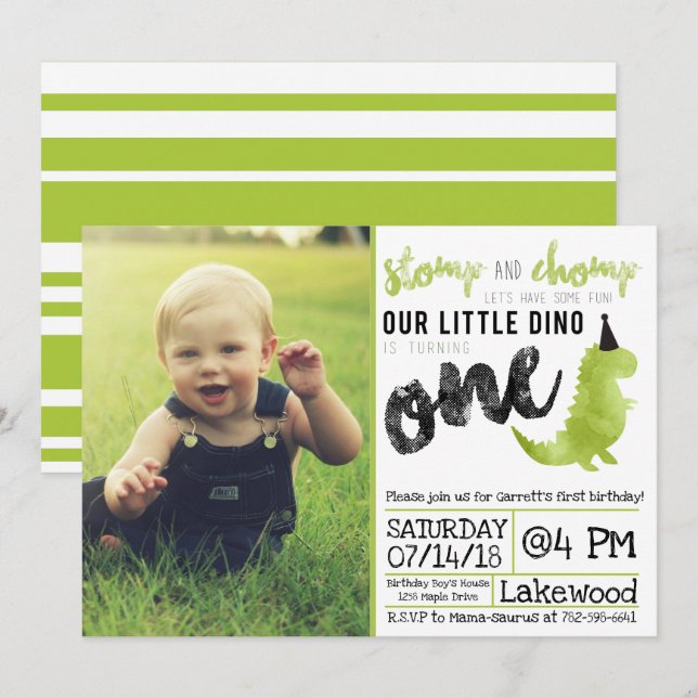 Dinossauro Convite Stomp e Chomp Primeiro Aniversá (Frente/Verso)