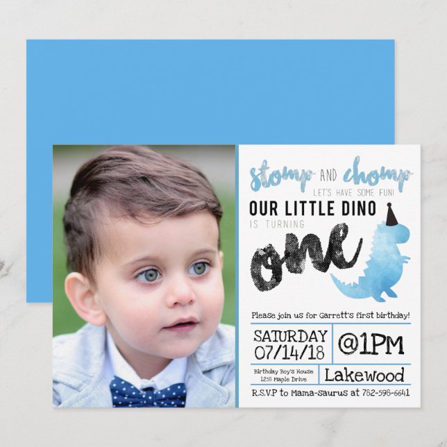 Dinossauro Convite Stomp e Chomp Primeiro Aniversá (Frente/Verso)