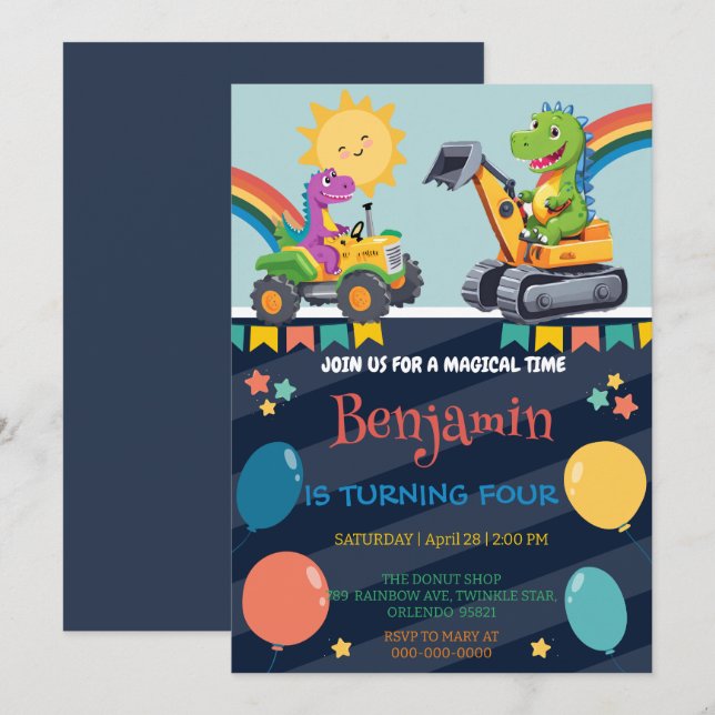 Dinossauro engraçadinho trator de balão Volta para (Frente/Verso)