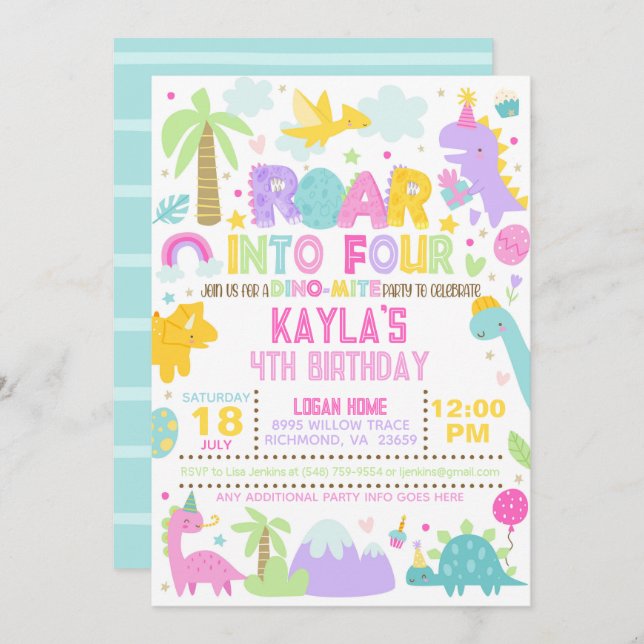 Dinossauro Roar para o Quarto Convite de Aniversár (Frente/Verso)