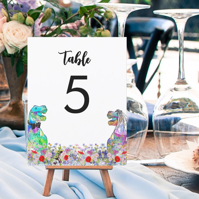 Dinossauro temido Casamento Colorido (Dinosaur themed wedding T-Rex bride and groom colorful wildflowers table number sign)