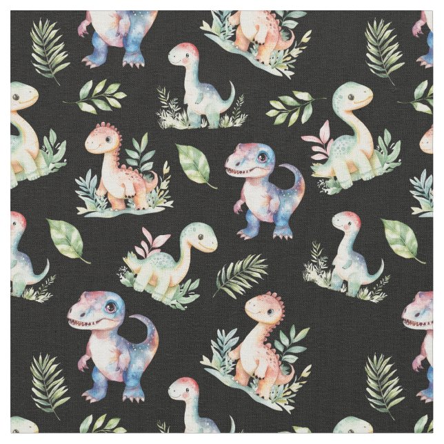 Dinossauros de Aquarela no Tecido Negro (Detalhe)