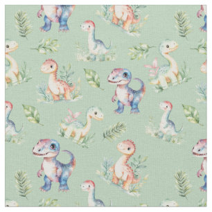 Dinossauros de Aquarela no Tecido Verde de Sage