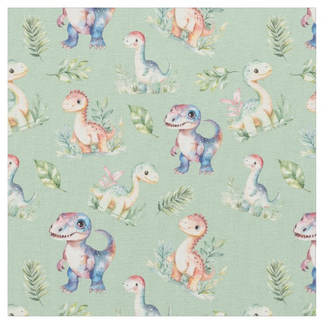 Dinossauros de Aquarela no Tecido Verde de Sage (Detalhe)