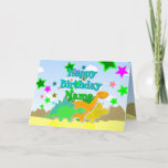 Dinossauros do feliz aniversario seu cartão<br><div class="desc">Cartão dos dinossauros do feliz aniversario com seu nome. Dinos pequenos bonitos dos desenhos animados: o Stegosaurus verde, o Diplodocus alaranjado e os dinossauros amarelos do Triceratops em uma paisagem pré-histórica feliz com palmeiras, montanhas e vulcanos com cor stars com o texto "feliz aniversario" e "nome feito sob encomenda". Dentro...</div>