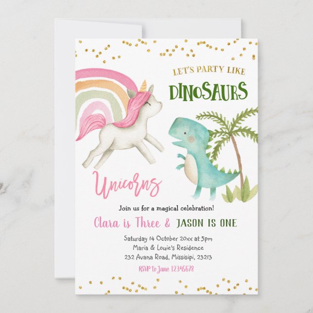 Dinossauros e Unicórnios Convite de Aniversário Ir (Frente)