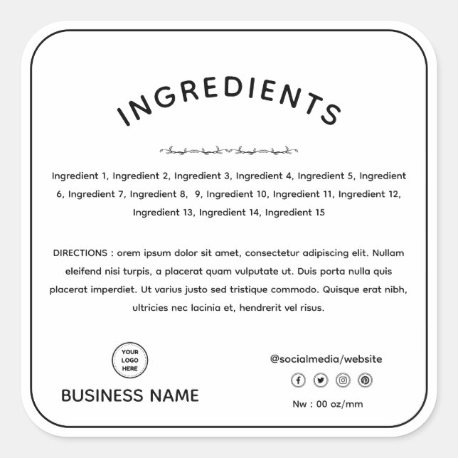 Direção do Ingrediente do Produto com Etiqueta de  (Frente)