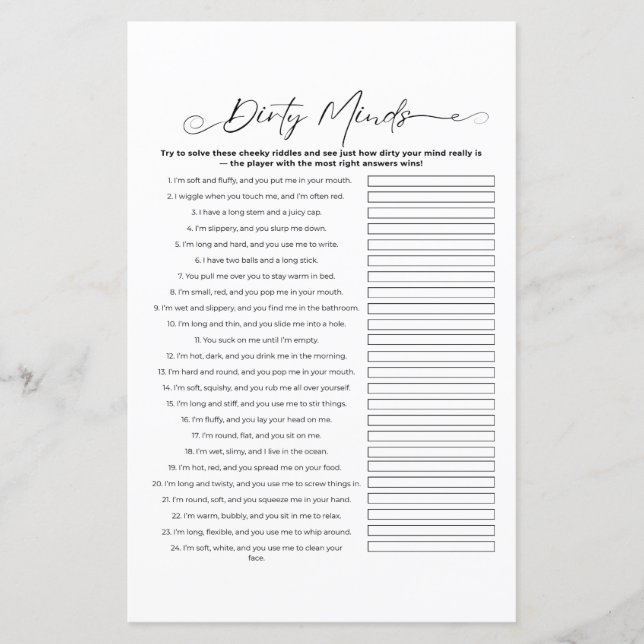 Dirty Riddles Bachelorette Party Game (Frente)