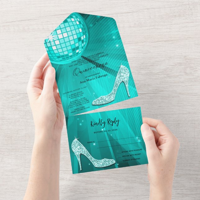 Disco Ball e Heels Teal Quinceañera (Aba destacável)