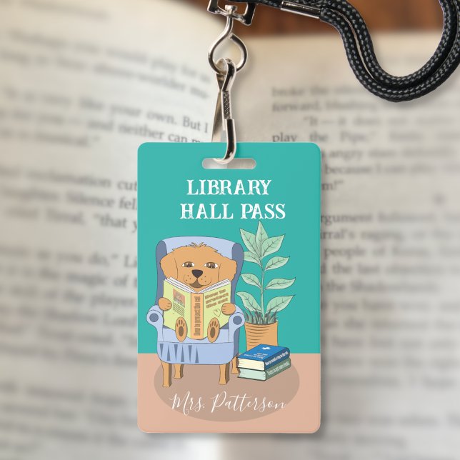 Distintivo de Crachá de Passagem de Hall de Biblio (Fun reading dog elementary school library hall pass badge .)